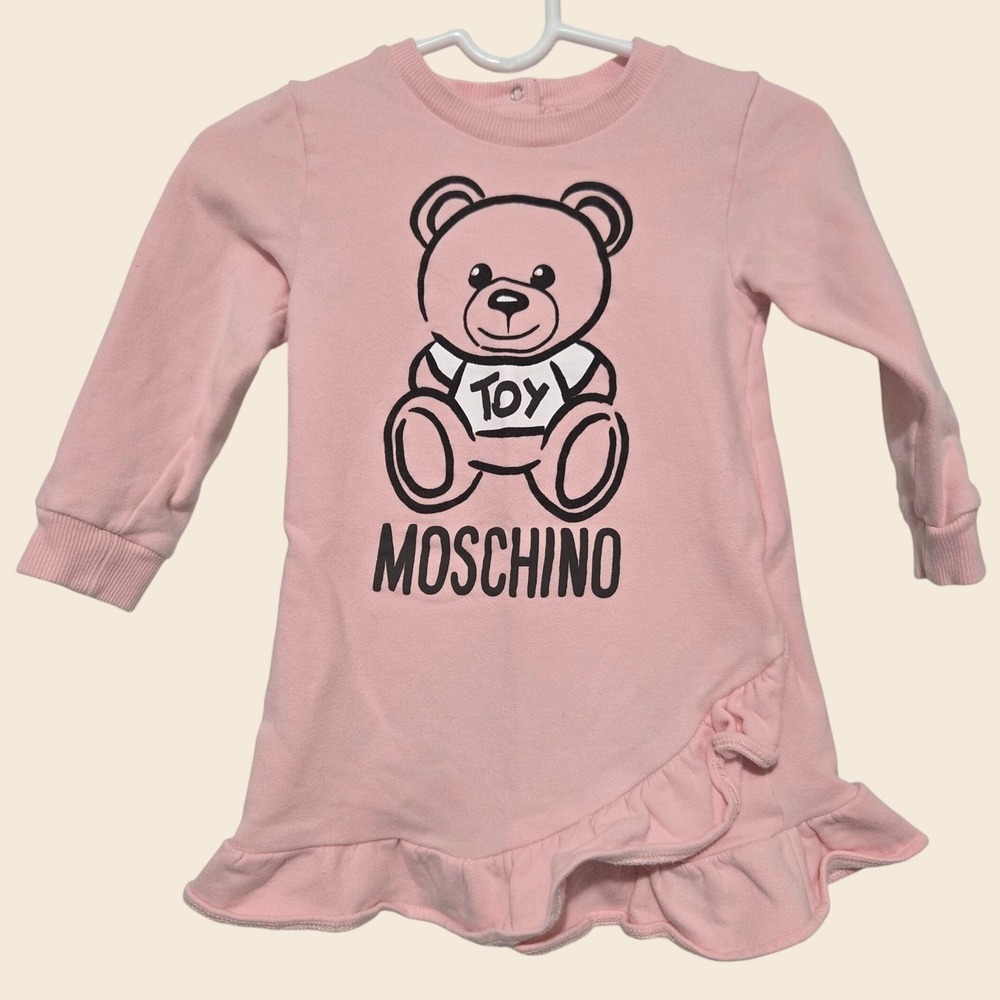 Moschino Baby Pink Teddy Bear Toy Logo Ruffle Fleece Dress 12-18 Months